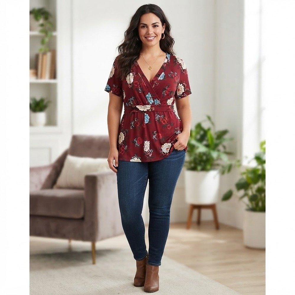 Torrid Floral Wrap Top Women Size 1 Burgundy Short Sleeve Cottagecore Botancial